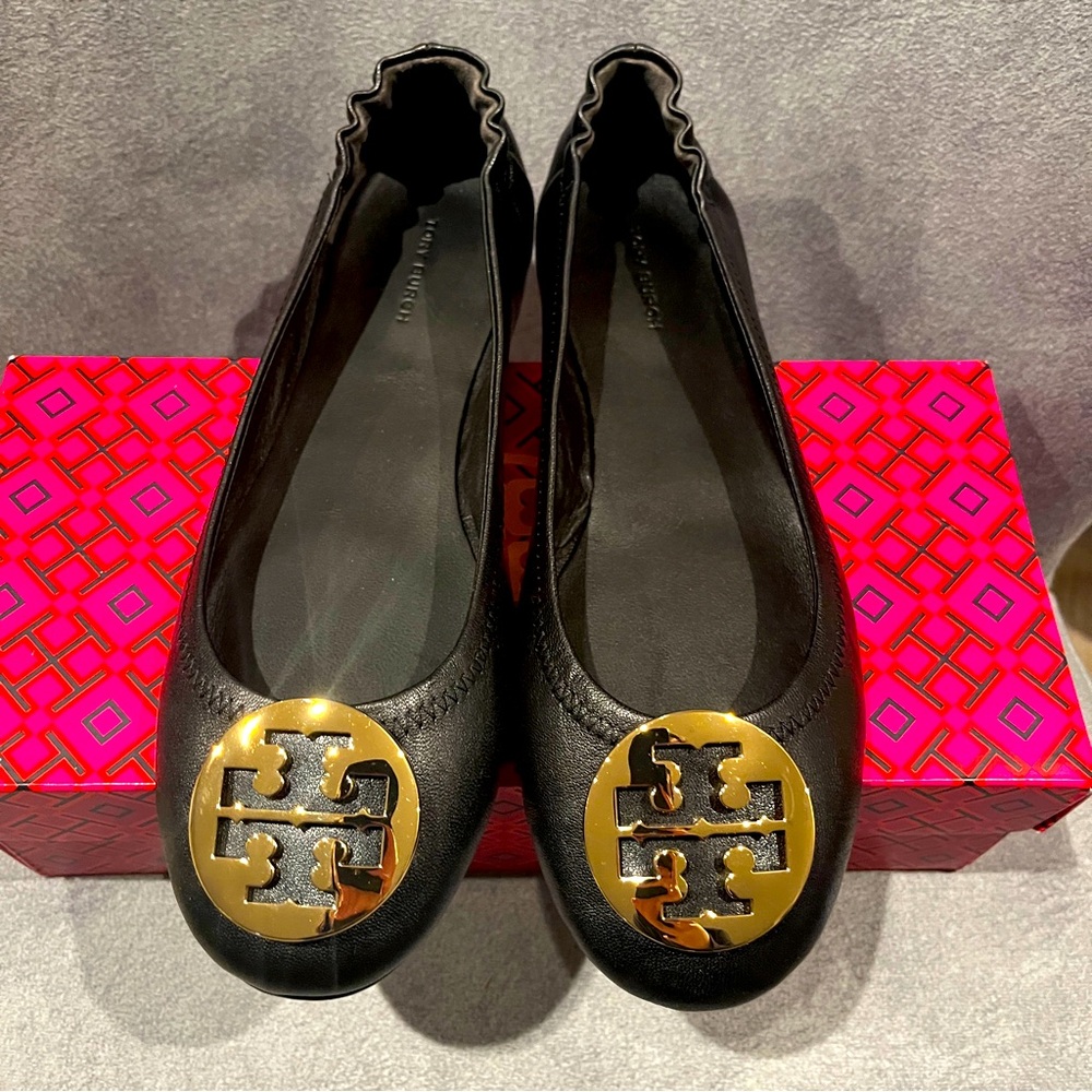 Tory Burch Women’s Flats Minnie Travel Ballet with Gold Logo Black Size 8.5 US